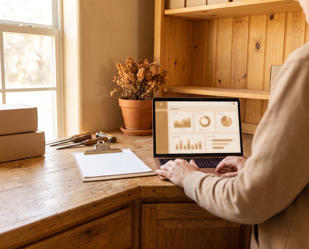 A small workshop counter in daylight: an owner's hands at a laptop showing a simple business dashboard, with tools, a clipboard and stock boxes alongside.